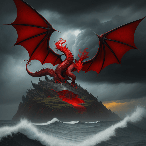 AI generated: red dragon under the stormy sky by sam robinson, in the style of tatiana suarez, harmonious color pa...