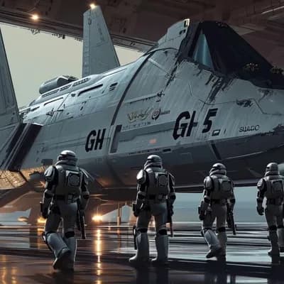 AI generated video: A group of storm troopers walk towards a spacecraft in a hanger as the camera moves slowly foward 