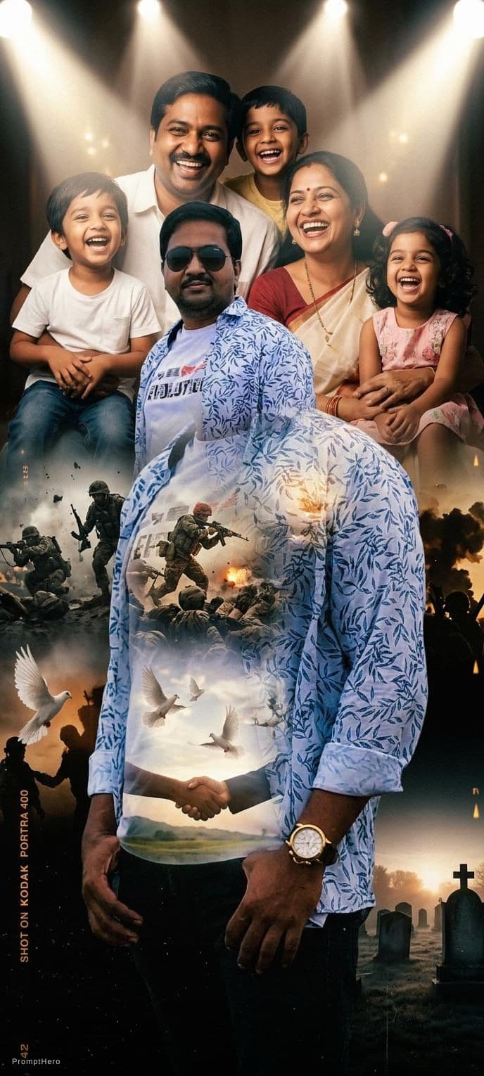 AI generated: Triple exposure,war,peace,death and a happy family portrait background,cinematic lighting,spot light...