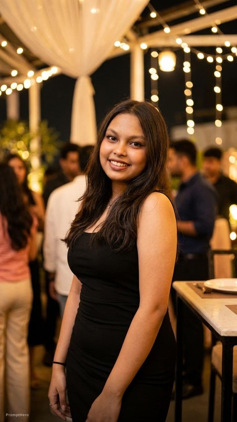 AI generated: woman smiling and looking at camera. Bodycon dress in an evening setting.