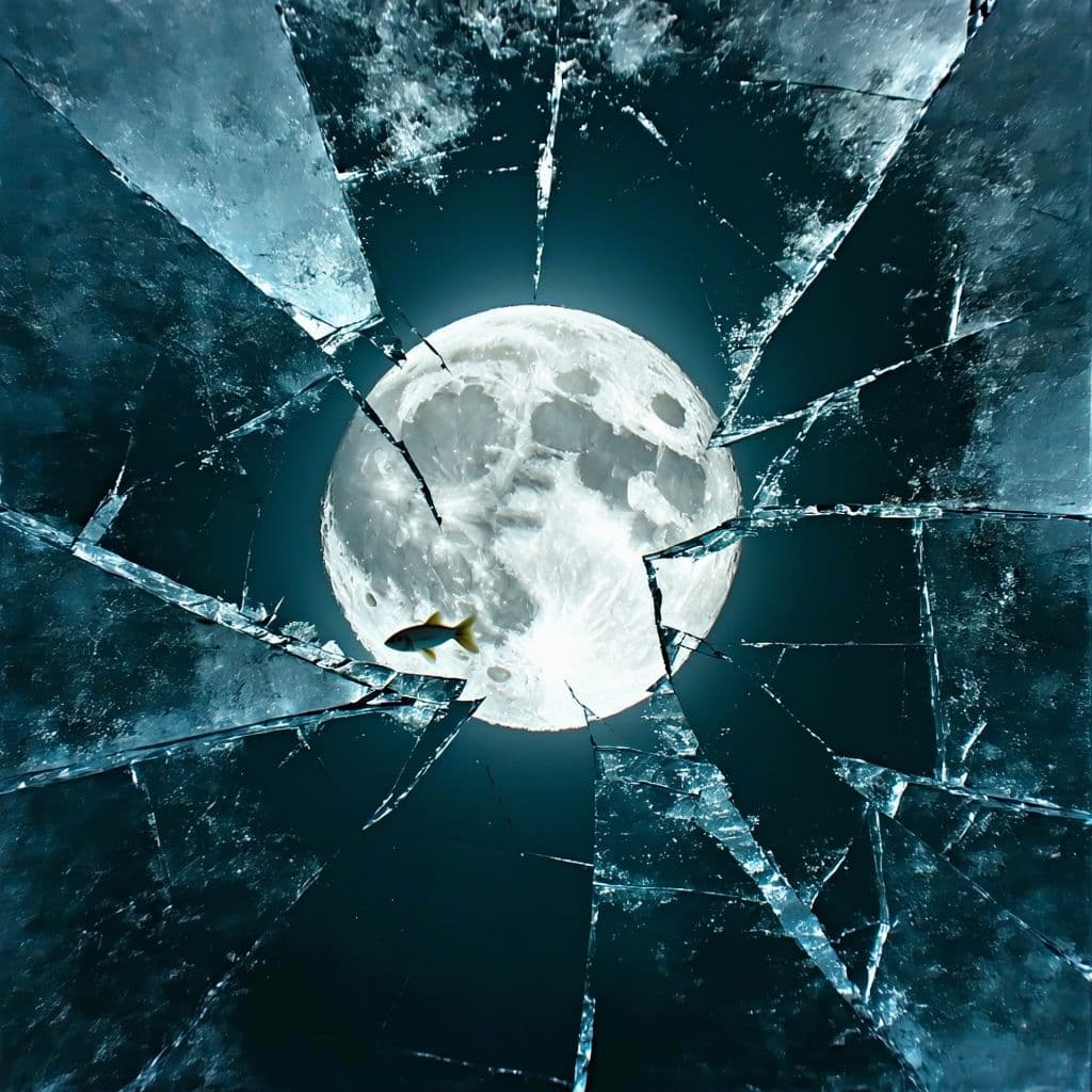 AI generated: top-down view, highly surreal, hyperrealistic, moody winter night, fractured glassy ice surface with...