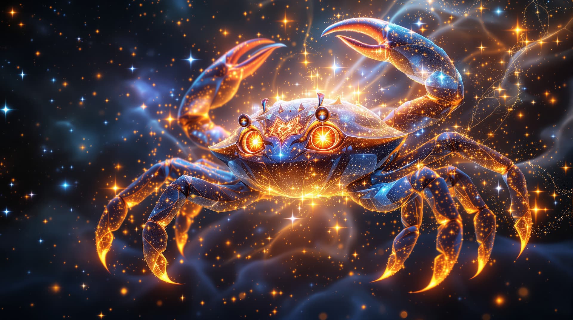 AI generated:  Image is a digital artwork featuring an humanoid zodiac sign of the crab made with 3d fractal light...