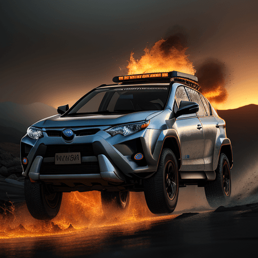 AI generated: Photo of a ultra realistic radical super toyota rav 4 of futur, in fire, dramatic light, pale sunris...