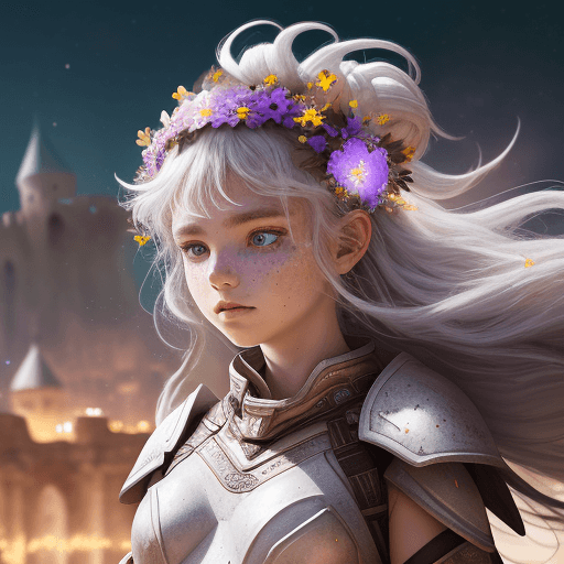 AI generated: warrior girl with a wreath of cosmic flowers on her head, white armor, developing hair in the wind, ...