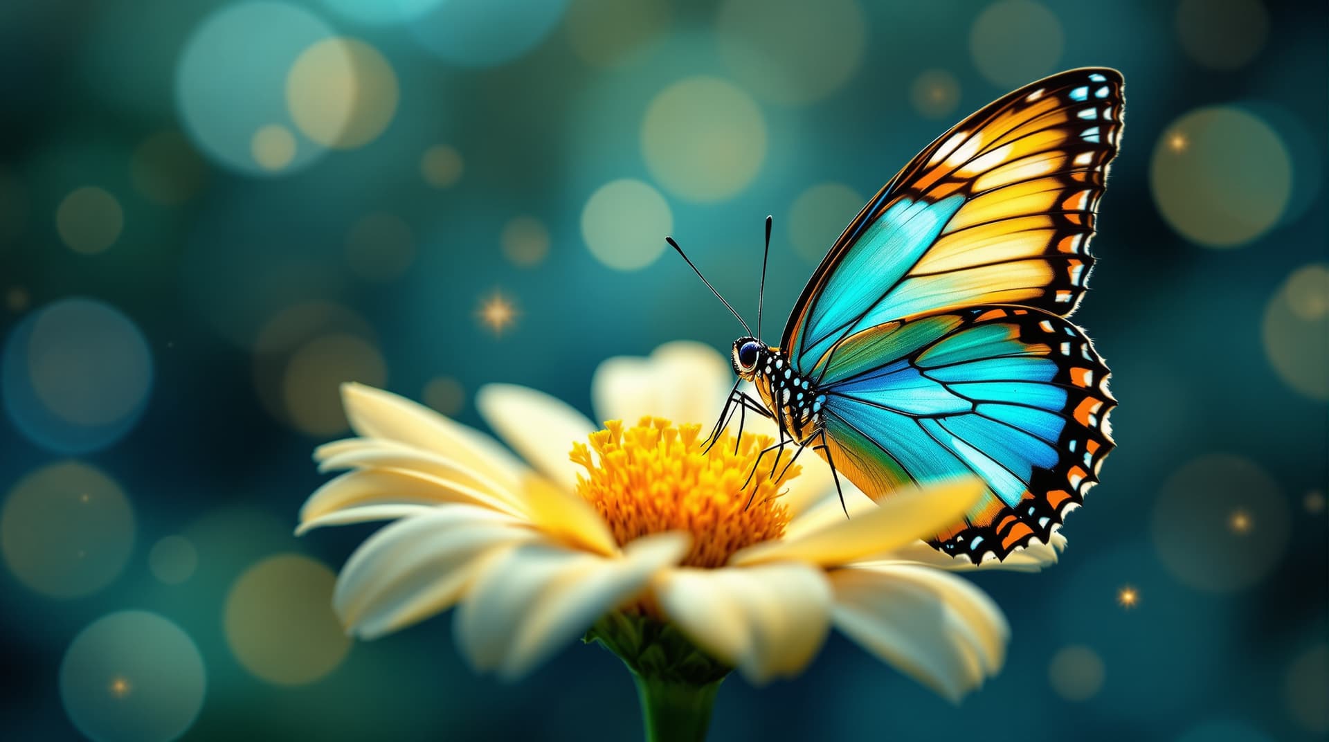 AI generated:  Un papillon vibrant se perche délicatement au centre d'une fleur épanouie. Les ailes du papillon pr...