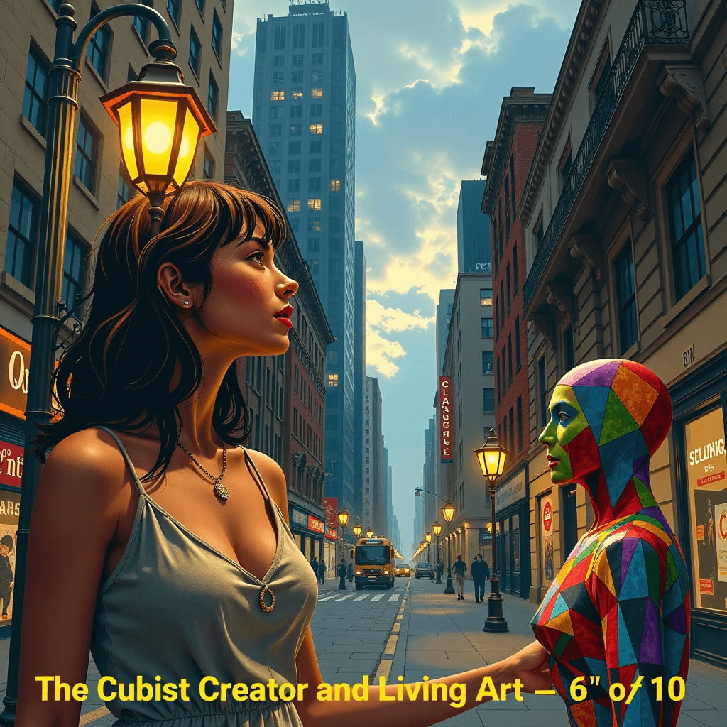 AI generated: The Cubist Creator and the Living Art - 6 of 10: In the surreal cityscape with cubist architectural ...