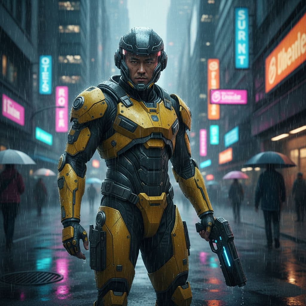 AI generated: An Asian man in a futuristic yellow armored suit and holding a gun stands in a rainy city street nea...