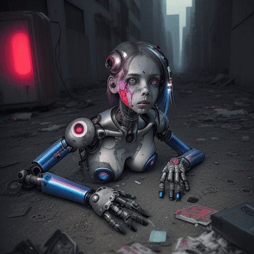 AI generated: Photo of a broken ruined cyborg girl in a landfill, robot, body is broken with scares and holes, lay...