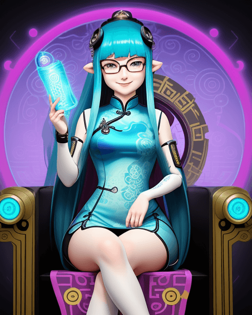 AI generated: inkling goddess, hypnosis, smiling, wearing a qipao, futuristic tech, sitting on a throne