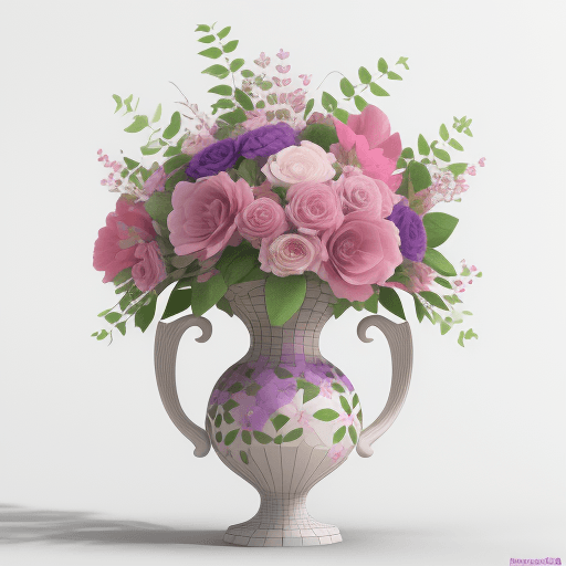 AI generated: Customize a floral arrangement, 3D render, art by Henri Rousseau, a pink and purple color combinatio...