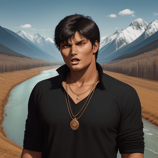 AI generated: A young Rottweiler, with an open mouth, standing in a stand on the background of the Altai mountains...