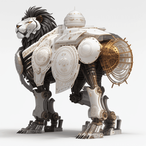 AI generated: A warrior lion is covered with new shiny mechanical armor, obvious mechanical structure, art rhapsod...