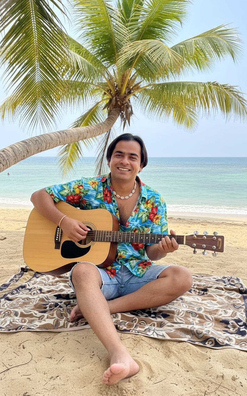 AI generated: (Chilled-out Musician):
Subject: A  late-20s man. Clothing: Loose, open-collared Hawaiian shirt wit...