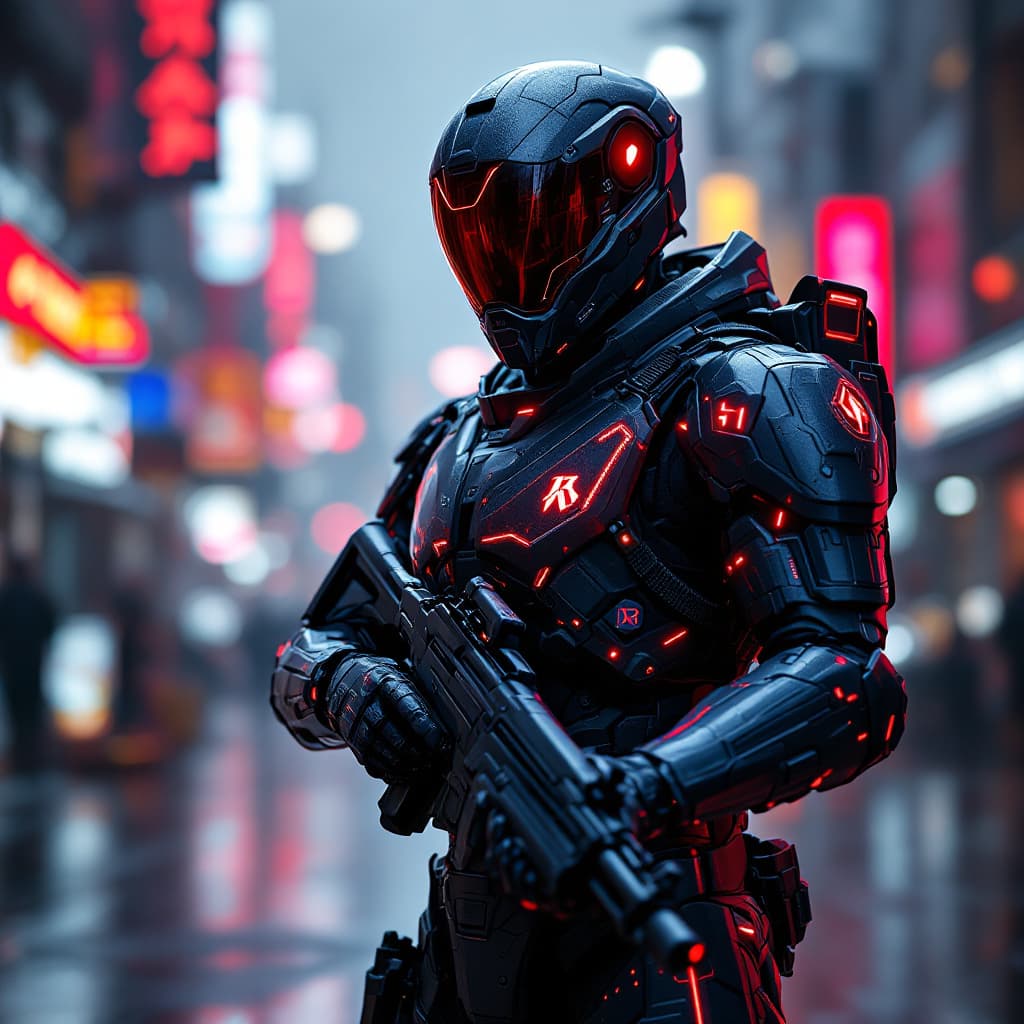 AI generated: Futuristic soldier with advanced armor, weaponry, and helmet, neon red, street, overcast, reflection...