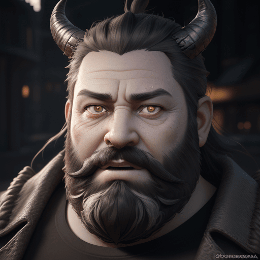 AI generated: a close up of a man with horns and a beard, a character portrait by senior character artist, polycou...