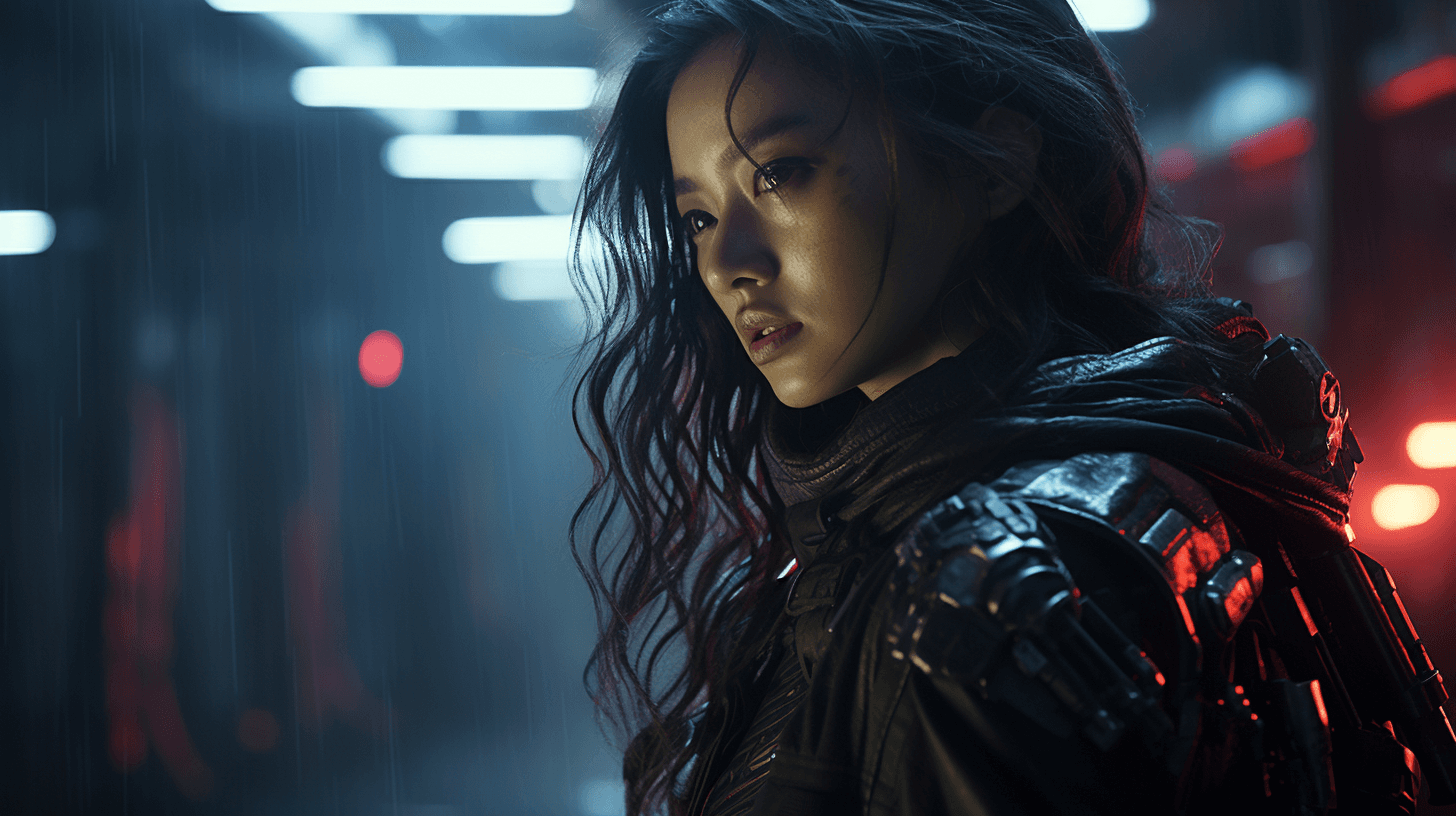 AI generated: HoYeon Jung as a cyberpunk fighter, SIGMA 85 mm F/1.4. cinematic lighting, dramatic lighting, cinema...