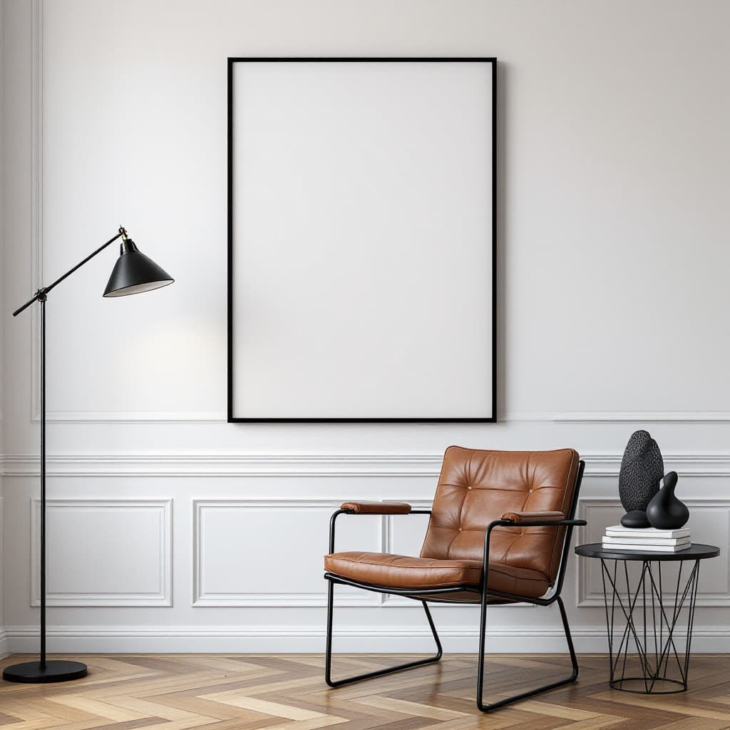 AI generated: A minimalistic, modern interior setup featuring a blank, framed white canvas on a white wall with su...