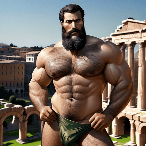 AI generated: Mature man, winnfield beard, black hair, green thong, hairy, handsome, muscular, head to toe photo, ...