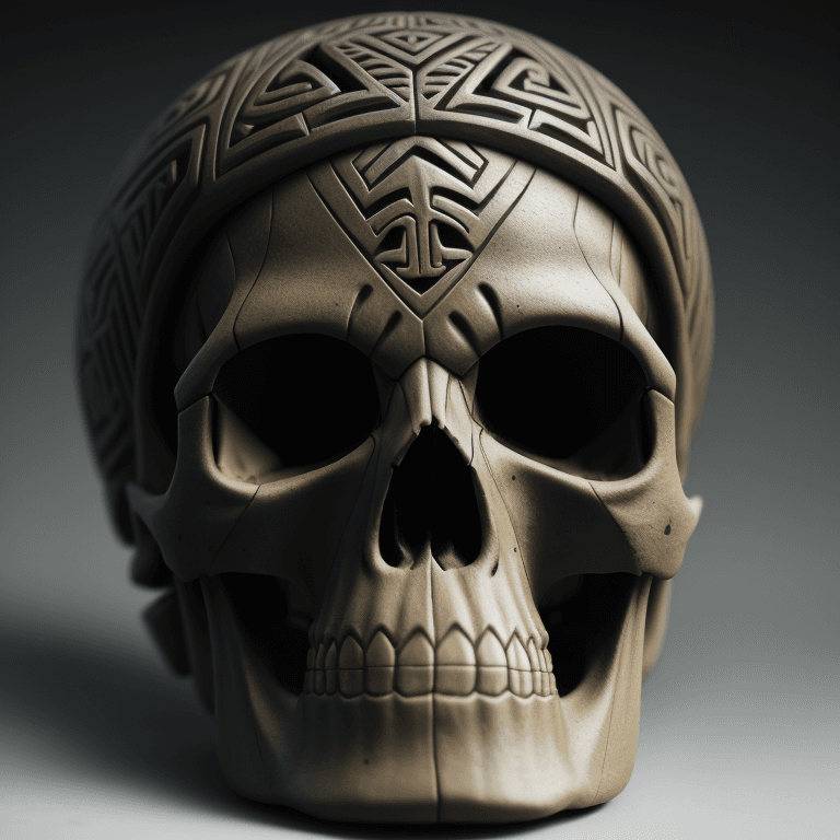 AI generated: Maori carved skull photographic cinematic