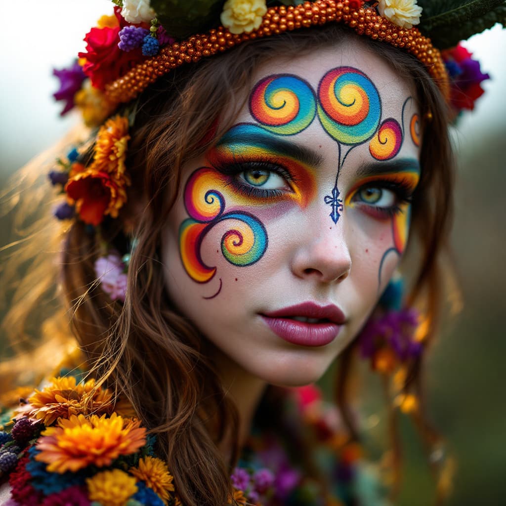 AI generated: 
female Hippie, bodypainted in Woodstock