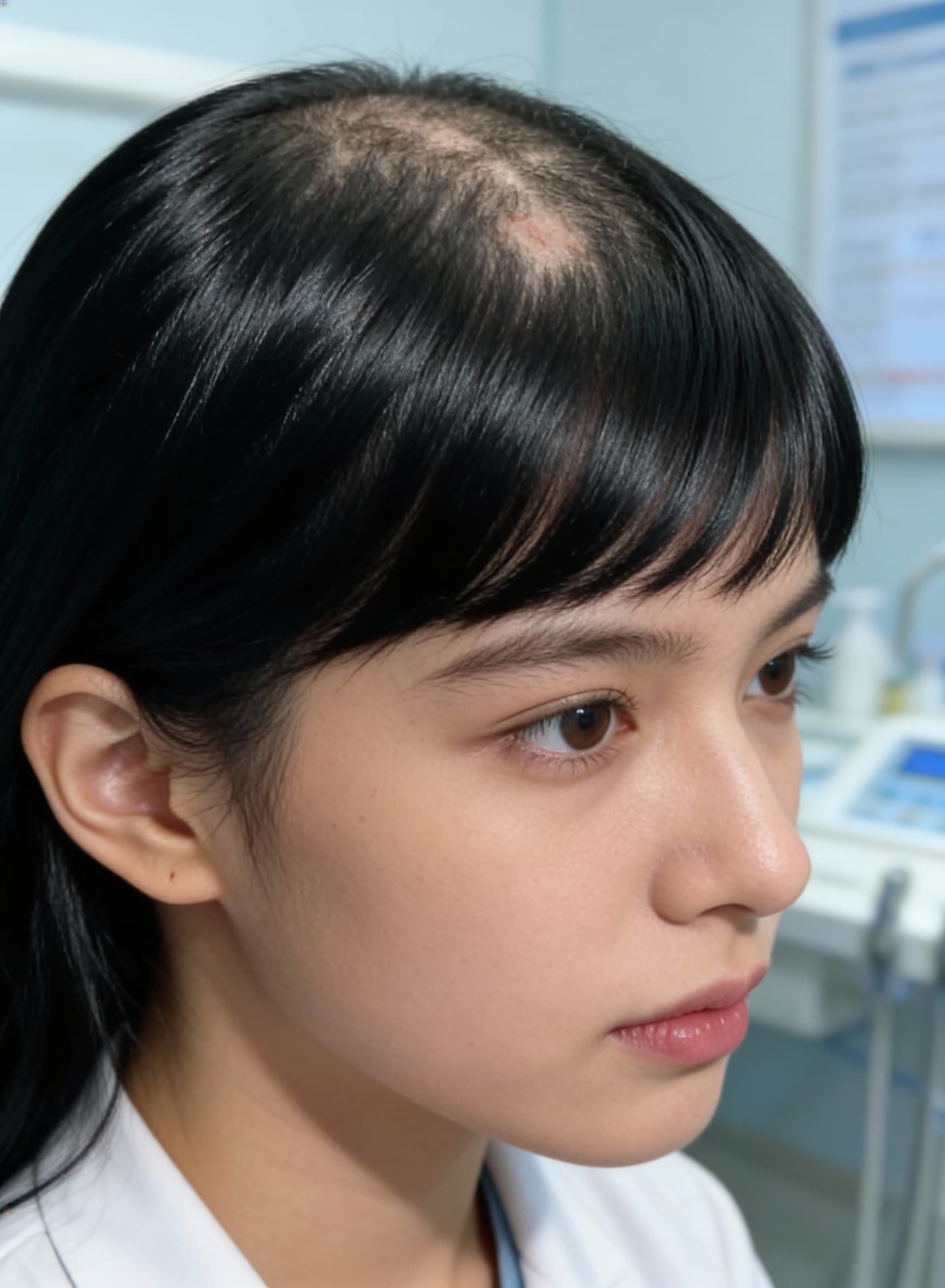 AI generated: focus on a black and silk hair of a girl setting in a dermatologist clinic as a picture before the t...