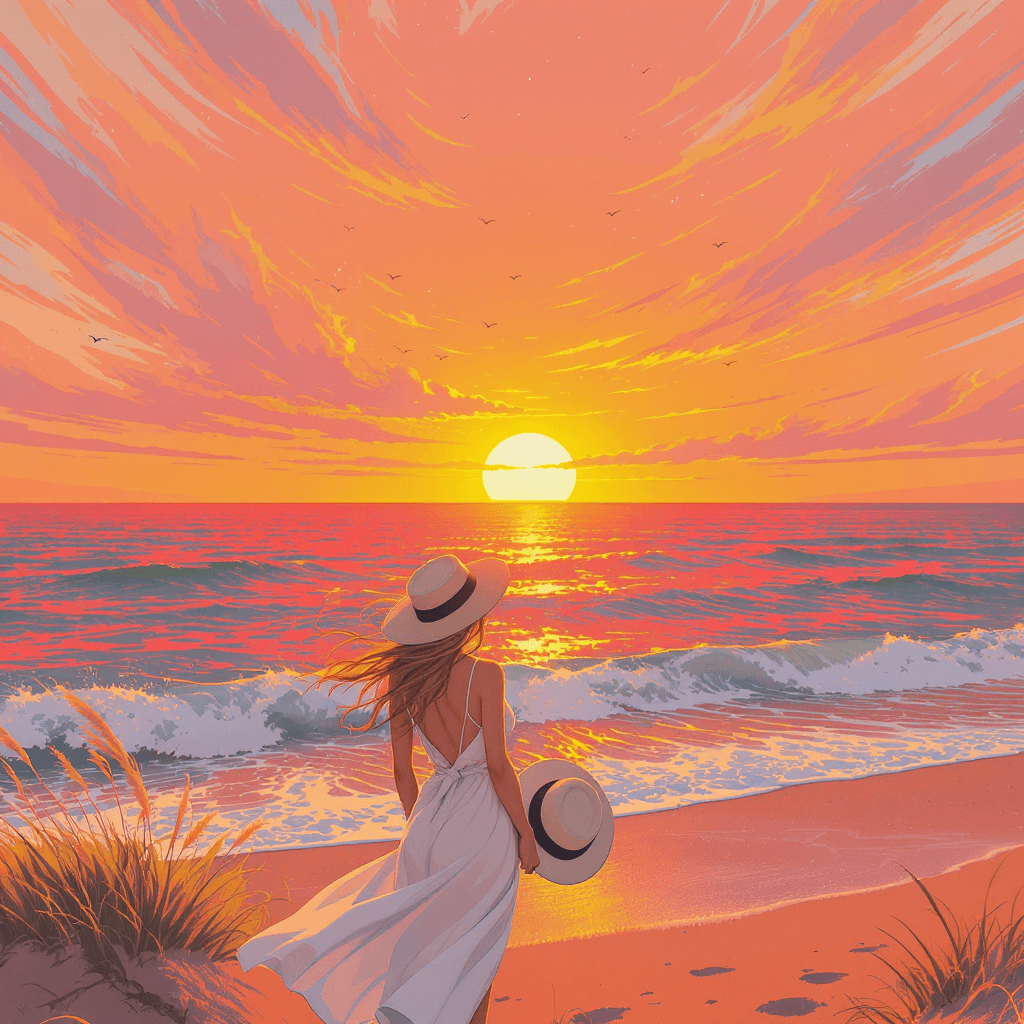 AI generated: dessin animée femme élégante portant une casquette marine, se tenant sur le bord d'une plage. En arr...
