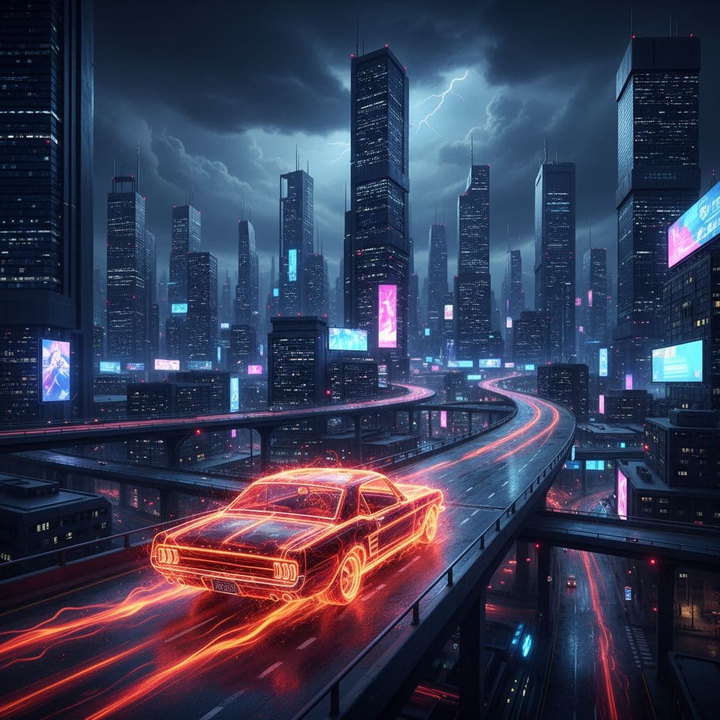 AI generated: A futuristic cityscape at night, illuminated by the glowing outline of a vintage mustang car rendere...