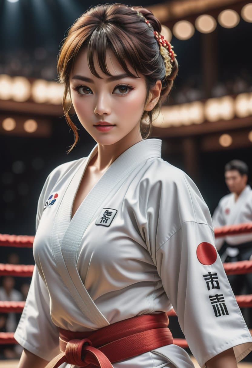 AI generated: Action-packed, hyper realistic to a (Taekwondo fighters:1.3), (white kimono:1.2), (fighting ring and...