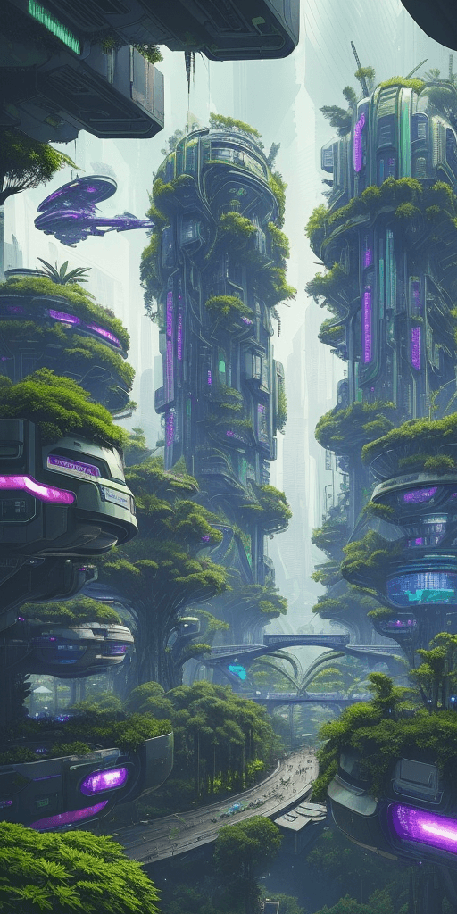 AI generated: a view of a city with a lot of trees and bushes, garden, a lot of flying objects , future city, in f...