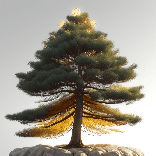 AI generated: pine tree with a golden view and illuminated white background
