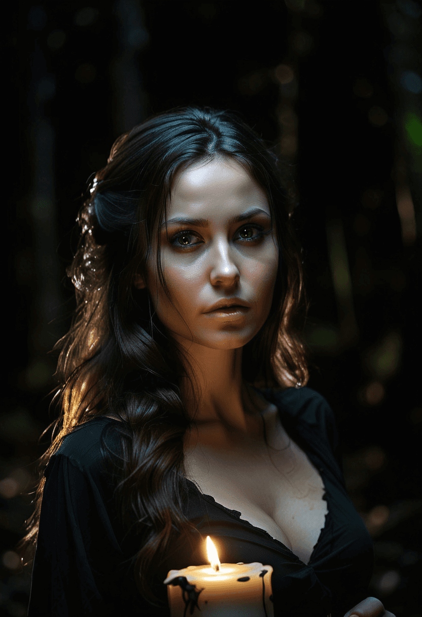 AI generated: HDR photo of (black background, pitch black, dark forest:1.2), beautiful young woman, long brunette ...