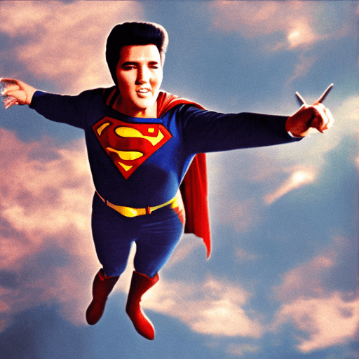 AI generated: ELVIS IN A SUPERMAN COSTUME FLYING IN SPACE 