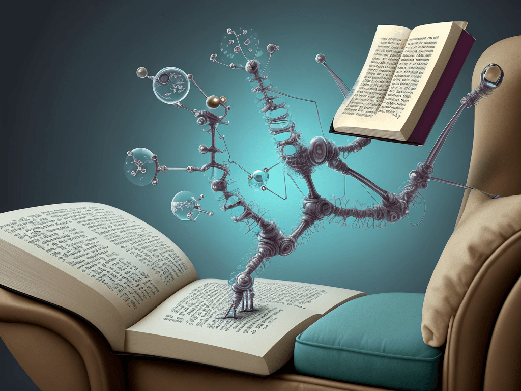 AI generated: A microscopic cell reading a book, with engineered limbs and funny eyes. Instead of using a sofa, it...