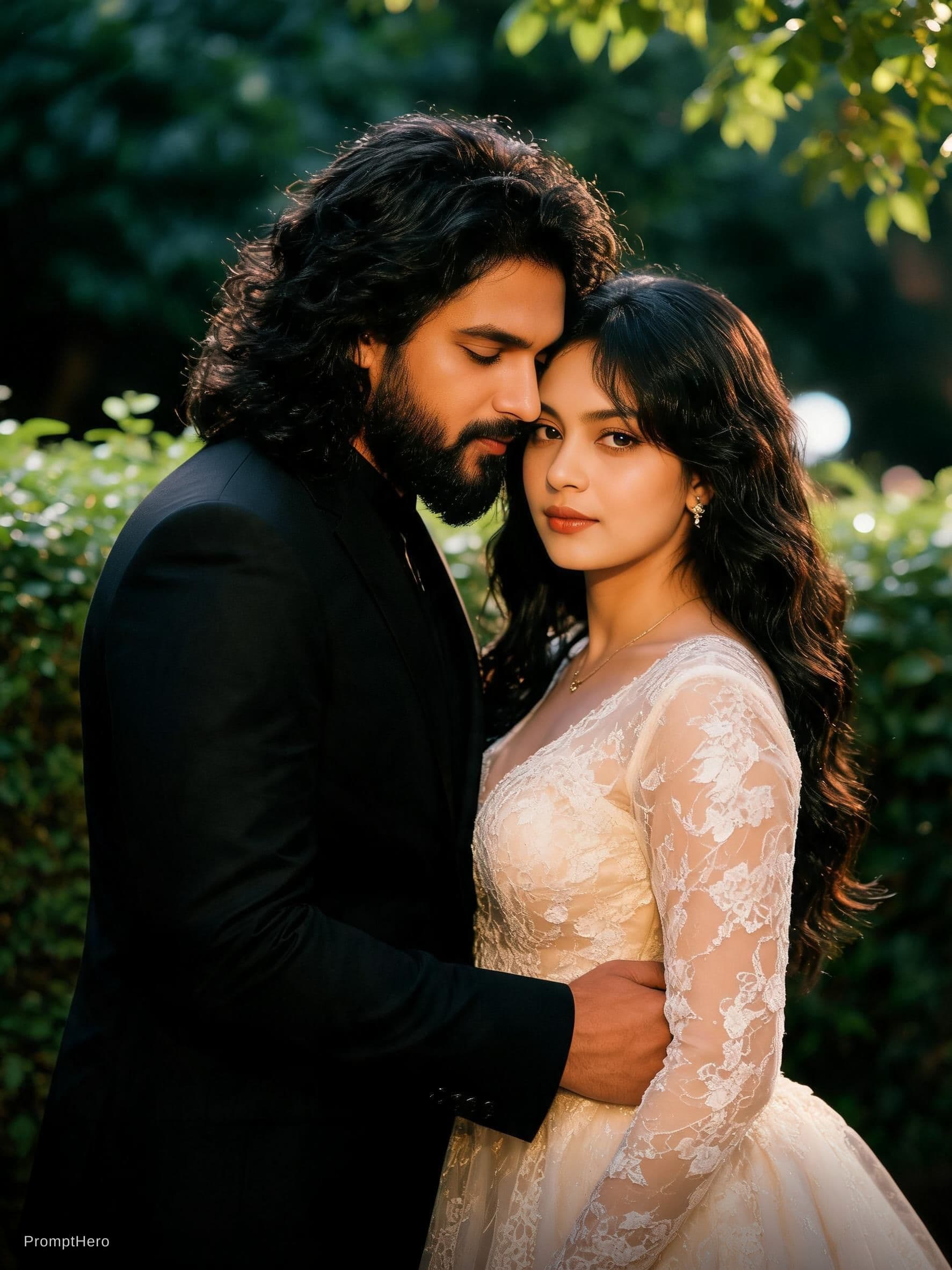AI generated: A couple stands closely together in an intimate pose, surrounded by natural greenery. The man has a ...