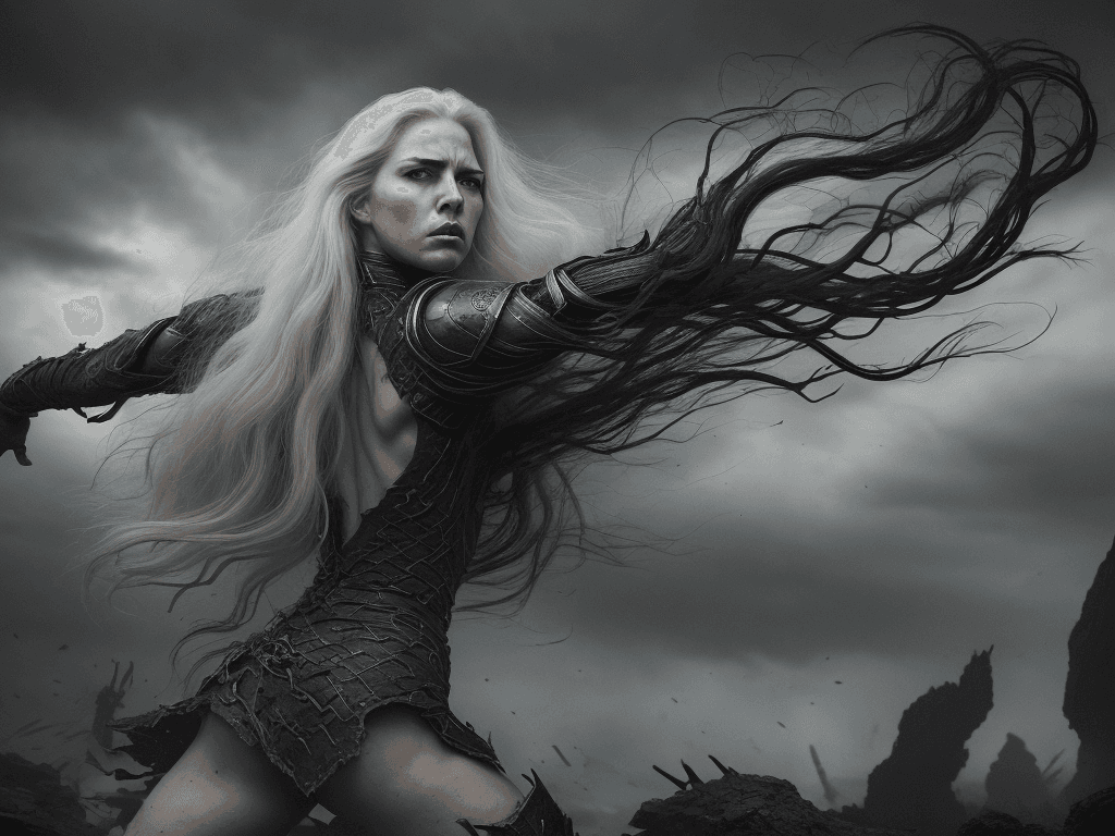 AI generated: a breathtakingly dramatic portrait of a powerful woman, poised at the forefront of a intense battle ...