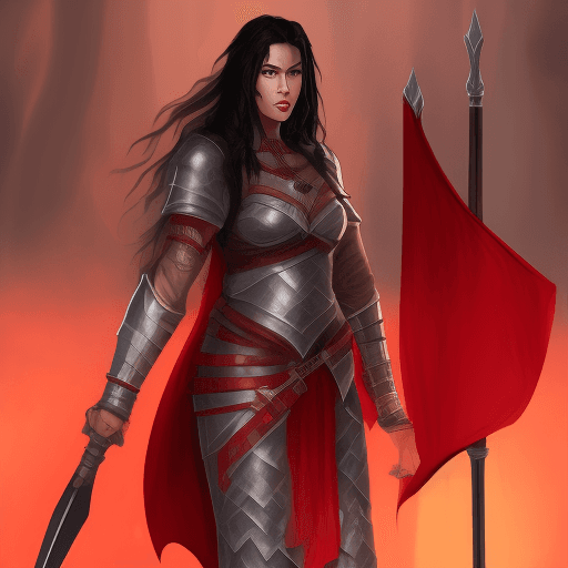 AI generated: full-body illustration, noble and valiant female fighter from nomadic dynasty, chain mail, red armor...