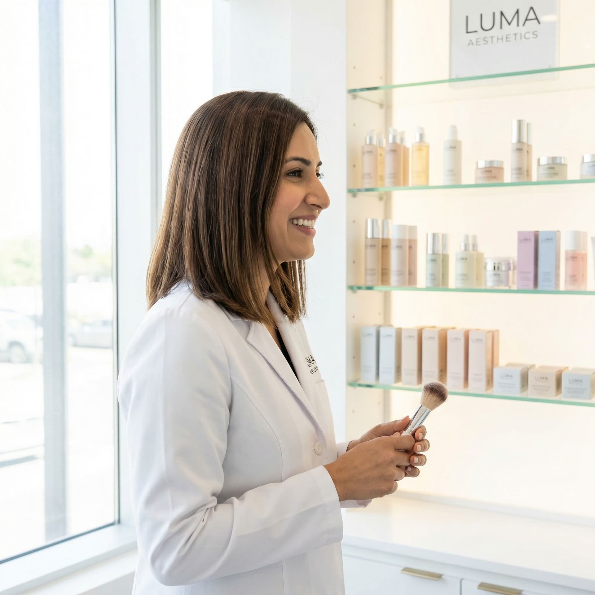 AI generated: A woman standing in a bright and modern skincare clinic. She is wearing a pristine white lab coat, h...