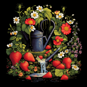 AI generated: T-shirt illustration, a strawberry, at a garden, with gardening tools and a watering can, under a bl...