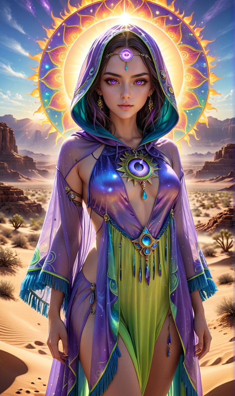 AI generated: Psychedelic cult horror summer fashion for young women, flowing asymmetrical robe in neon purple and...
