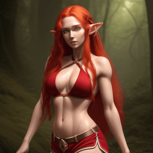 AI generated: High resolution photo of very beautiful Elf with long red hair wearing halter top and shorts, very d...