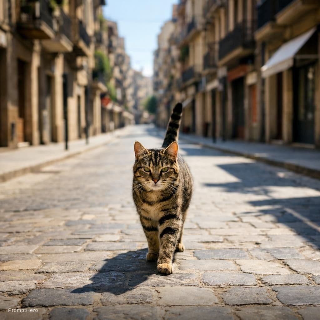 AI generated: gato fotografia callejera en una calle vacia de gente , no plano detalle , la calle pero solo el gat...