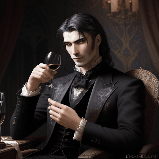 AI generated: a portrait of elegant handsome, dark bohemian vampire, show the fangs, man, male, bored, with a cupl...