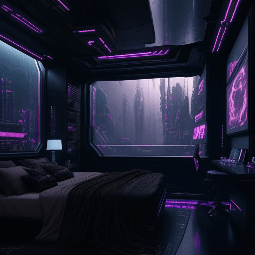 AI generated: Dark classy spaceship bedroom interior, BIG, cyberpunk city view, HYPER-DETAILED, HYPER INTRICATE, H...