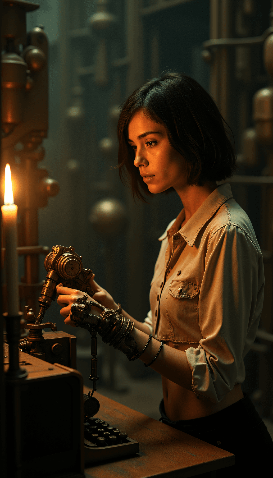 AI generated: dystopian style Fit young woman with disheveled short natural hair in a torn Victorian blouse reveal...