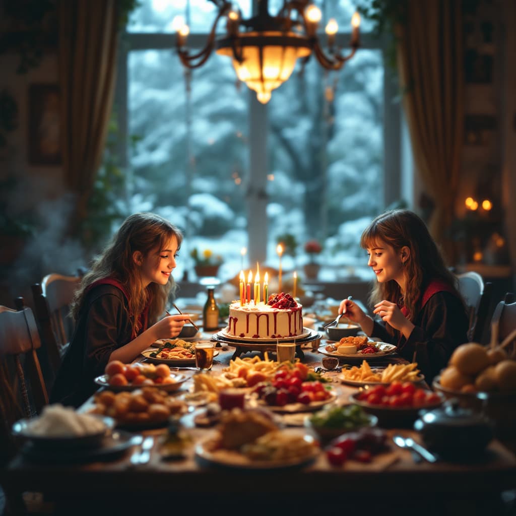 AI generated: two girls celebrating birthday over a big table with a lot of food, a feast and cake. and they are d...