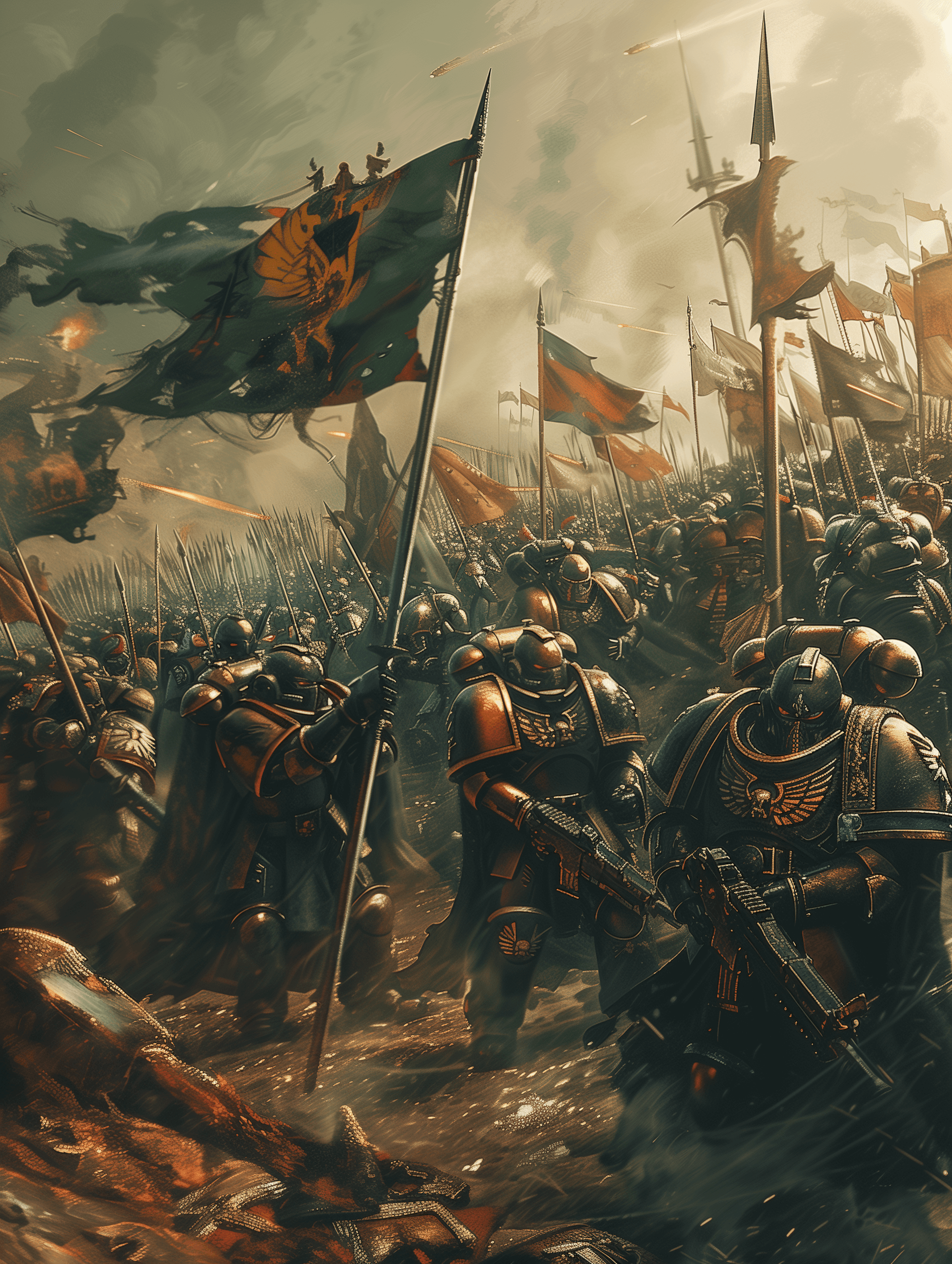 AI generated: a space marine legion of warhammer 40k with prussian traits, prussian helmets, and prussian flags de...