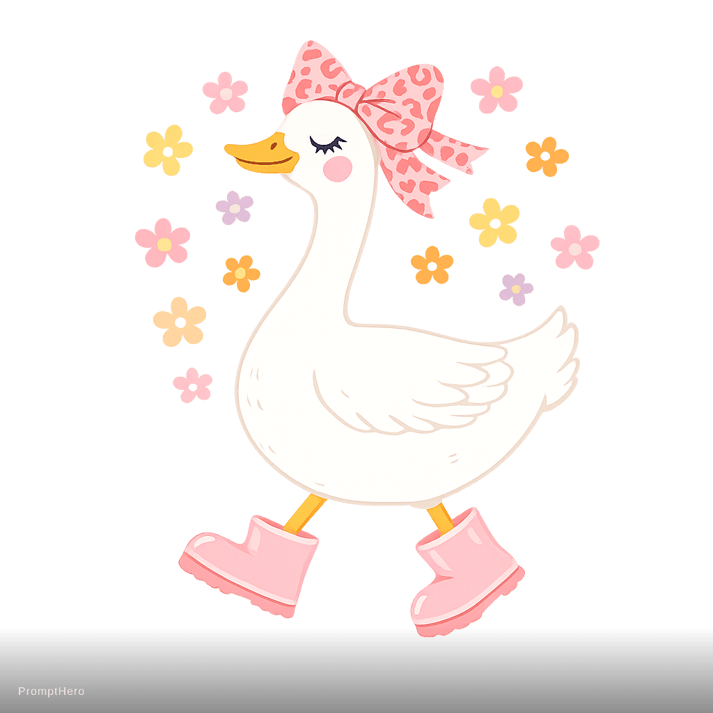 AI generated: Cute white duck walking confidently, wearing pastel pink boots and an oversized hair bow made of sof...