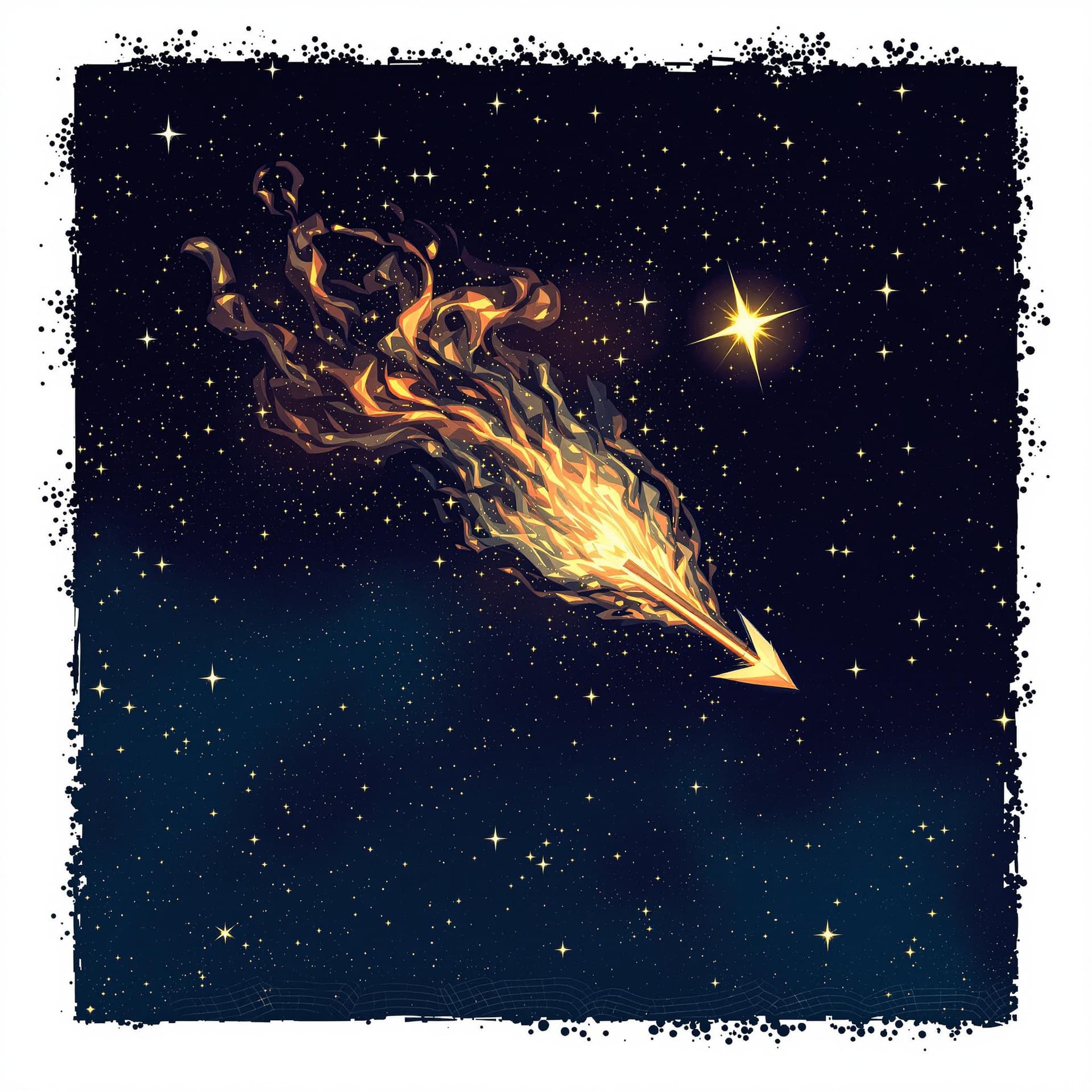 AI generated: A flaming arrow going across a night sky with stars glowing