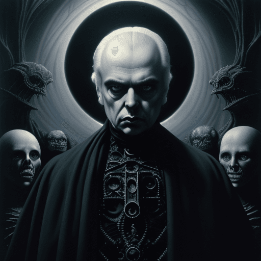 AI generated: a strange ,mystical world by H.r.Giger and jean ansell. A gothic man looks mysteriously into the pic...