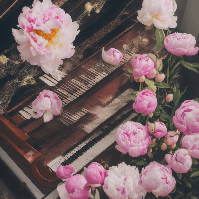AI generated: overhead shot, front shot, symmetrical, piano table with fiddle on white studio, still life, gently ...